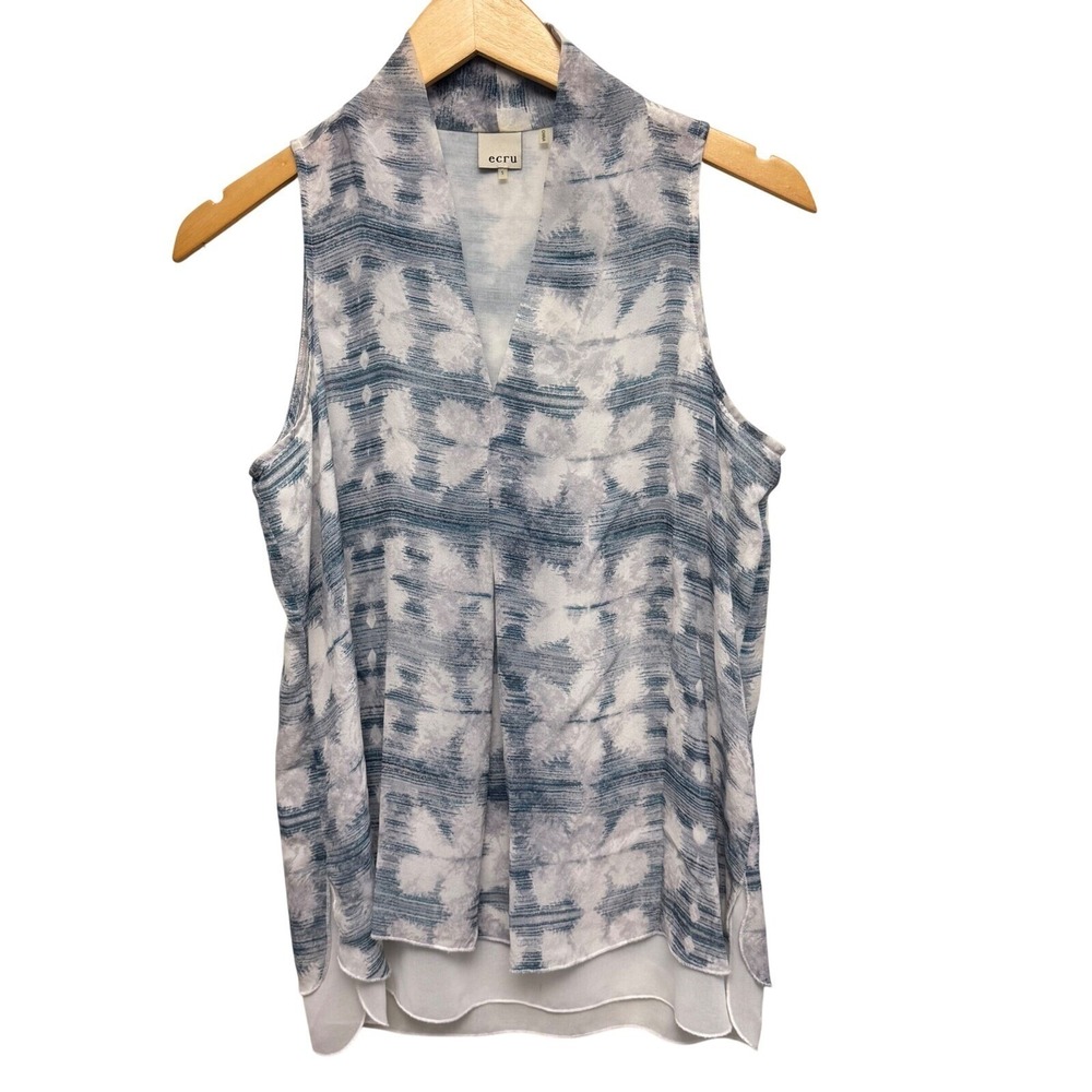 Ecru Womens‎ Top Small 100% Silk Sleeveless Blouse v-neck Layered Hem Watercolor